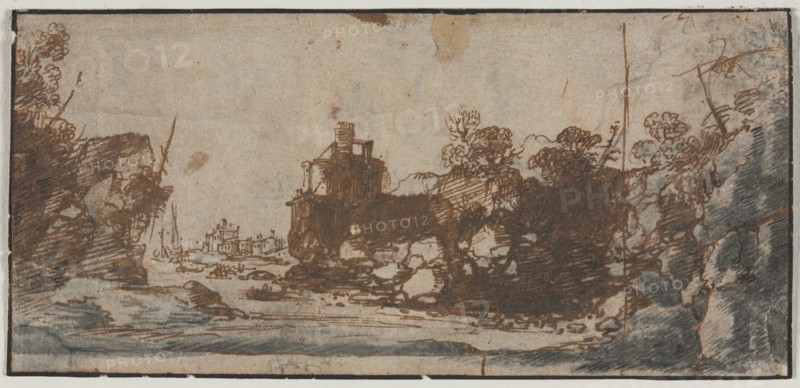 Rocky Inlet with Boats and Buildings (recto), 1600s. Creator: Unknown.