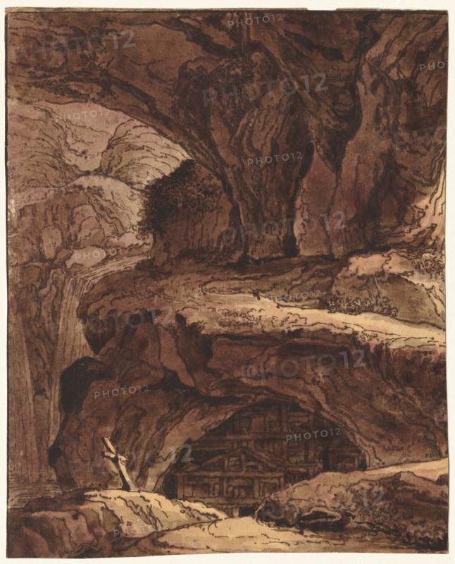 Rocky Landscape with a Cave Chapel, 19th century. Creator: Johann Martin von Rohoden (Flemish, 1778-1868), attributed to.