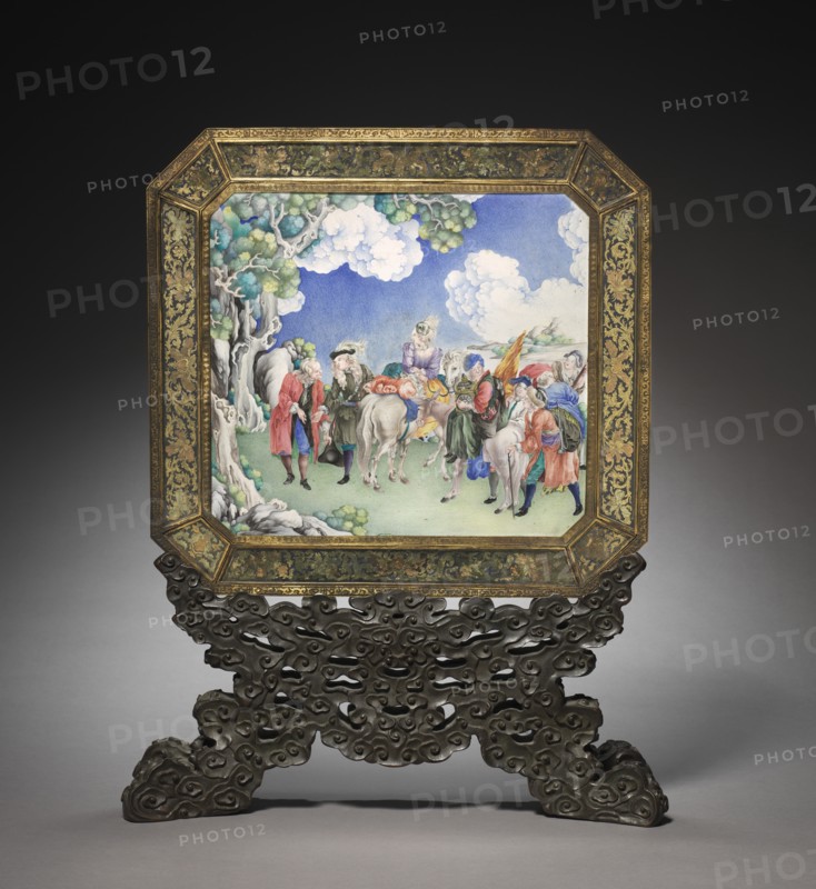 Screen with European Figures (obverse) and Landscape (reverse) with Stand, 1736-1795. Creator: Unknown.
