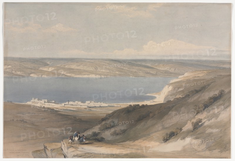 Sea of Galilee at Genezareth looking Towards Bashan, 1839. Creator: David Roberts (British, 1796-1864).