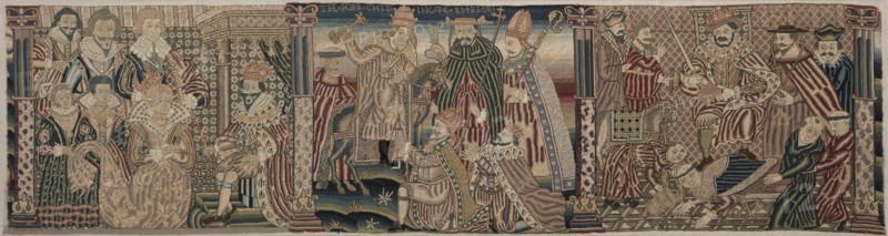 Section of an Embroidered Frieze: Ahasuerus and Esther, The Pope Chiding the Emperor?, 1625-1649. Creator: Unknown.