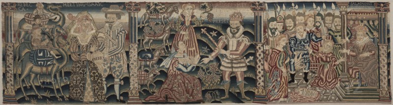 Section of an Embroidered Frieze: Rebecca Meeting Isaac, Abigail Meeting David?, 1625-1649. Creator: Unknown.