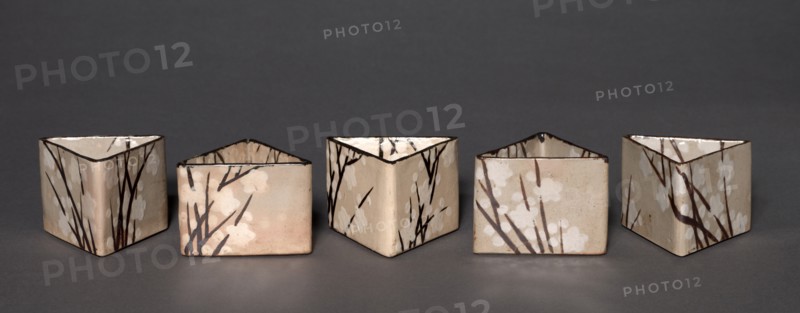 Set of Five Serving Bowls (Mukozuke) with Prunus Design, 1700s-1800s. Creator: Ogata Kenzan (Japanese, 1663-1743), school of.
