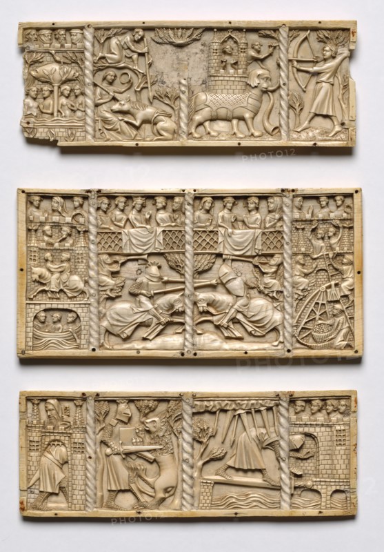 Set of Three Panels from a Casket with Scenes from Courtly Romances, c. 1330-50. Creator: Unknown.