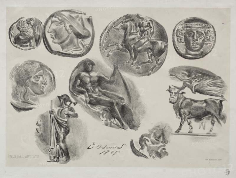 Sheet with Nine Antique Medals, 1825. Creator: Eugène Delacroix (French, 1798-1863); L'Artiste.