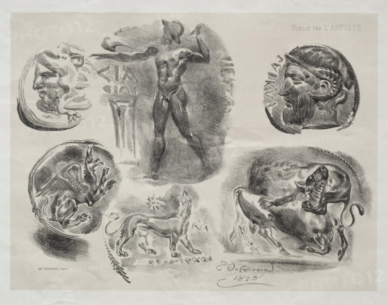 Sheet with Six Antique Medals, 1825. Creator: Eugène Delacroix (French, 1798-1863); Bertauts.