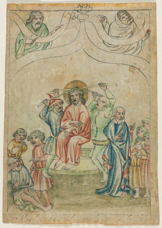Single Leaf from a "Biblia Pauperum": Christ Carrying the Cross (verso), c. 1410. Creator: Unknown.