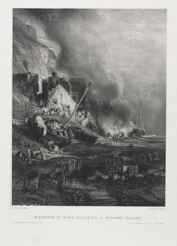 Six Marines: Refitting of a Boat at Low Tide , 1833. Creator: Eugène Isabey (French, 1803-1886); Morlot, Paris and McLean.