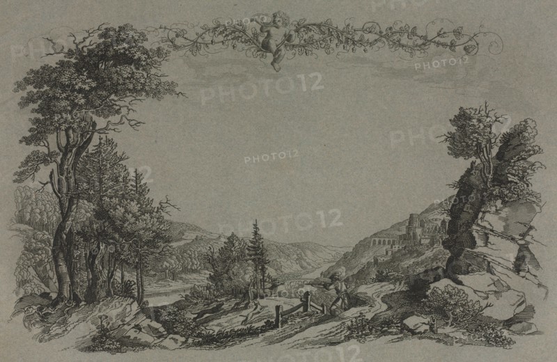 Six Views of Heidelberg Castle: Cover, Hunting Scene , 1820. Creator: Ernst Fries (German, 1801-1833).