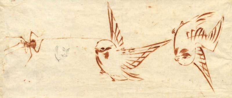 Sketch Page with Birds and Spider. Creator: Katsushika Hokusai (Japanese, 1760-1849), attributed to.