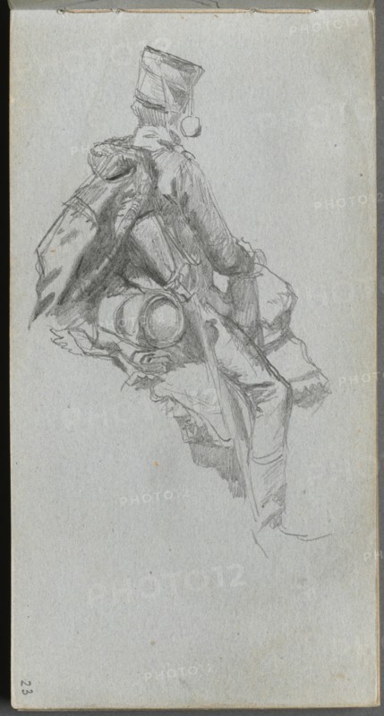 Sketchbook, page 23: Seated Soldier. Creator: Ernest Meissonier (French, 1815-1891).