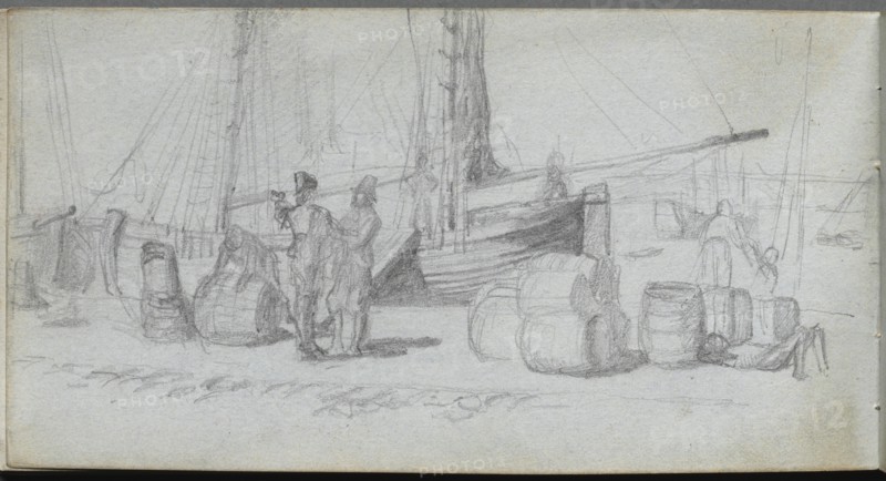 Sketchbook, page 50: Boats, Figures, Cargo on a Beach. Creator: Ernest Meissonier (French, 1815-1891).