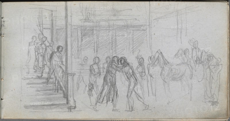 Sketchbook, page 62: Figure Study, Stairway, Horse. Creator: Ernest Meissonier (French, 1815-1891).