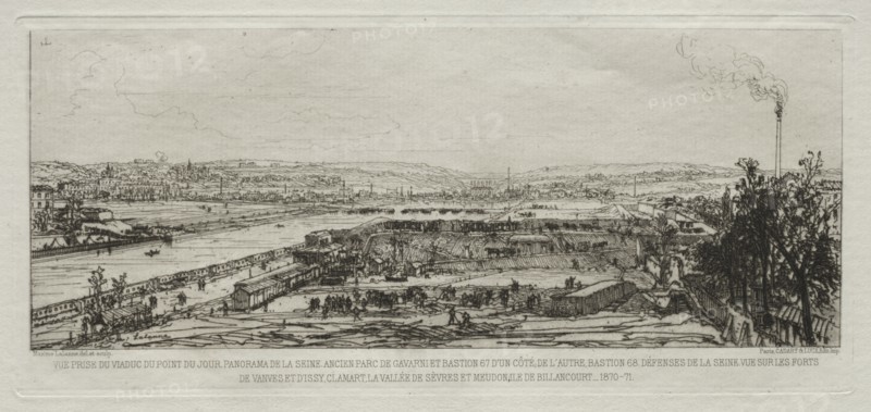 Souvenir artistiques du Siège de Paris: Vue prise du viaduc du Pont-du-Jour..., 1870-71. Creator: Maxime Lalanne (French, 1827-1886); Cadart et Luce.
