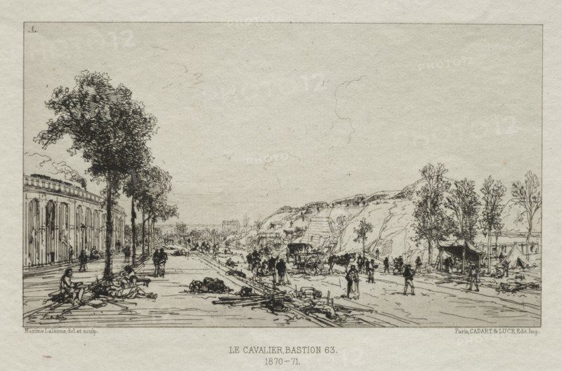 Souvenirs artistiques du Siège de Paris: Le Cavalie (Bastion 63), 1870-71. Creator: Maxime Lalanne (French, 1827-1886); Cadant.