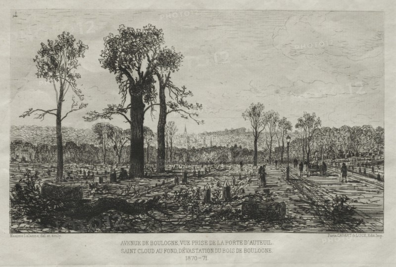 Souvenirs artistiques du Siége du Paris: Avenue de Boulogne, Vue Prise de la porte dAuteuil..., 1879 Creator: Maxime Lalanne (French, 1827-1886); Cadant and Luce.