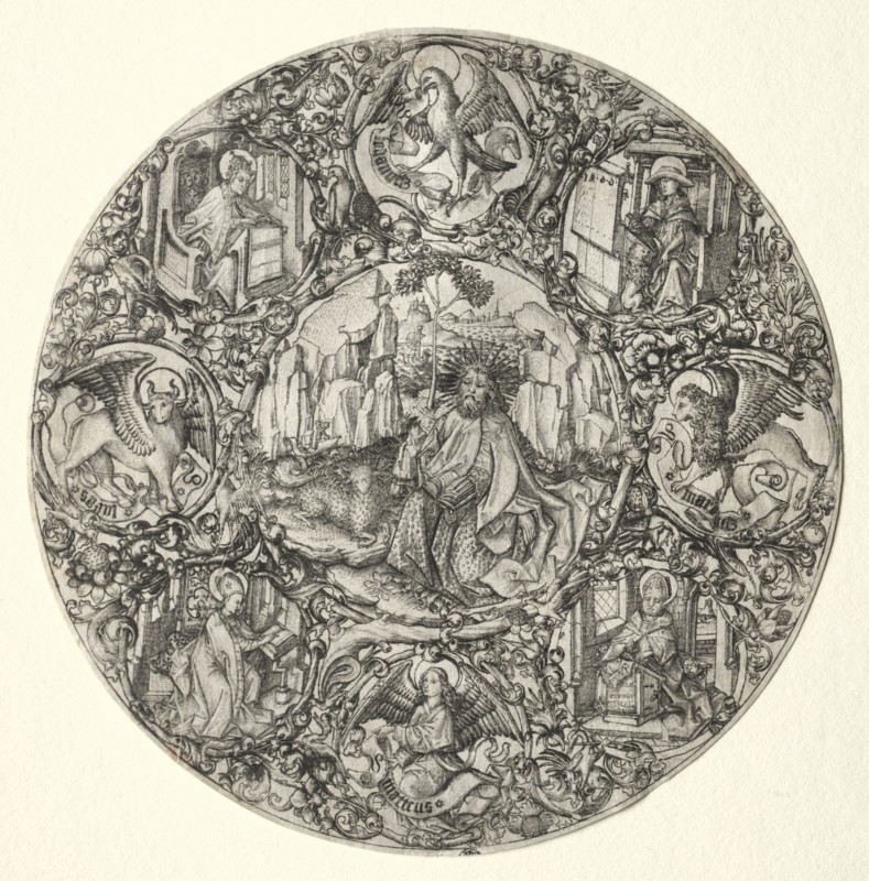 St. John the Baptist Surrounded by the Evangelists and Four Fathers of the Latin Church, 1466. Creator: Master E. S. (German).
