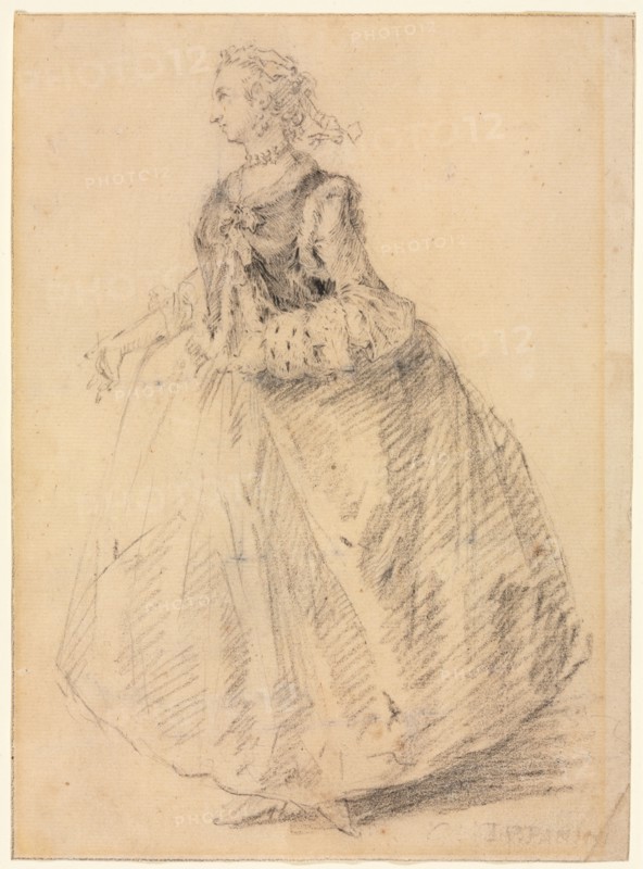 Standing Woman with an Ermine Muff, 18th century. Creator: Giovanni Paolo Panini (Italian, 1691-1765).