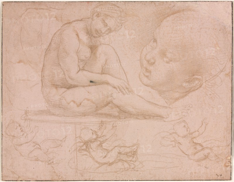 Studies of a Seated Female, Child's Head, and Three Studies of a Baby, c. 1507-8. Creator: Raphael (Italian, 1483-1520).