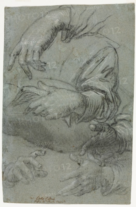 Studies of Hands (recto); Sketch of a Child's Head (verso), c. 1586. Creator: Carletto Caliari (Italian, 1570-1596).
