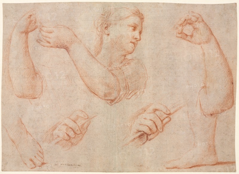 Study of a Young Woman Playing a Tambourine, and Studies of an Arm, Hands, and Feet..., c. 1711. Creator: Marcantonio Franceschini (Italian, 1648-1729).