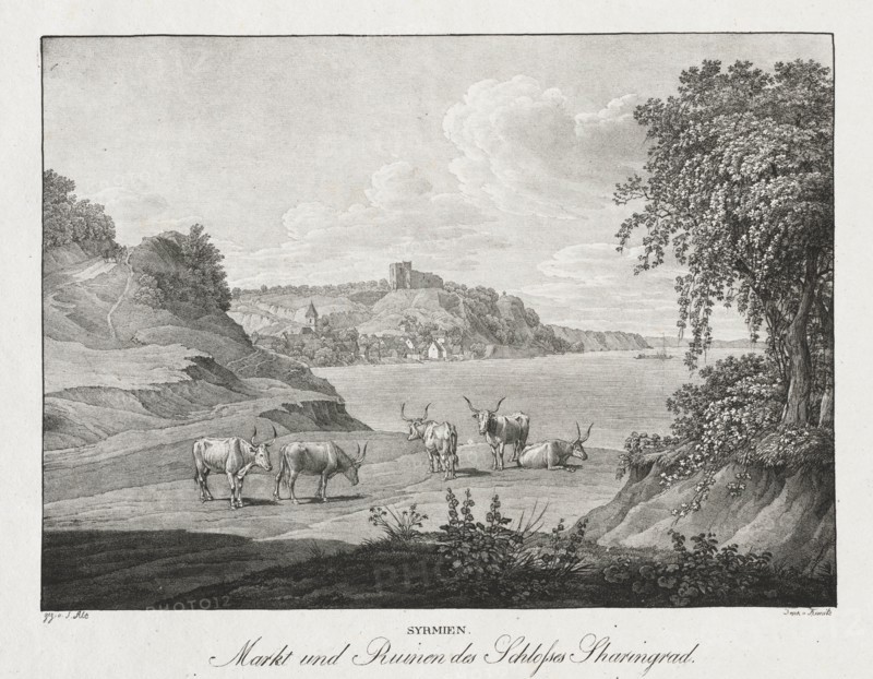 Syrmien, Markt und Ruinen des Schlosses Sharengrad. Creator: Jakob Alt (Austrian, 1789-1872).