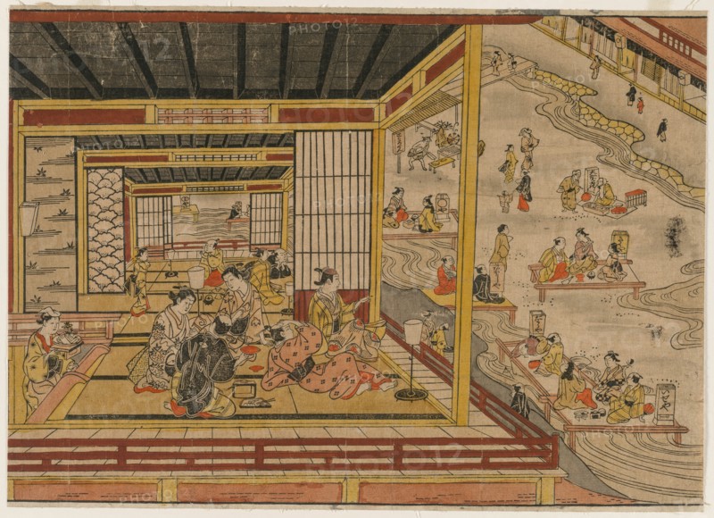 Tea House Beside the Kamo River in Kyoto, 1740s. Creator: Nishimura Shigenaga (Japanese, 1697(?)-1756).