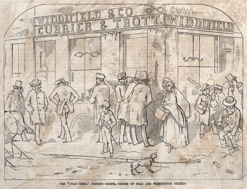 The "Cold Term," Boston - Scene, Corner Milk and Washington Streets, 1858. Creator: Winslow Homer (American, 1836-1910).