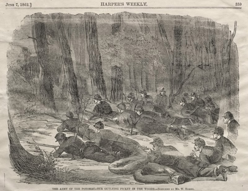 The Army of the Potomac - Our Outlying Picket in the Woods, 1862. Creator: Winslow Homer (American, 1836-1910).