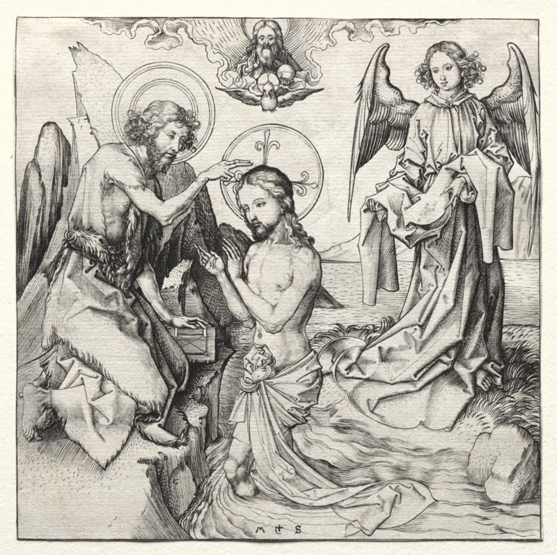 The Baptism of Christ in the Jordan, c. 1480-90. Creator: Martin Schongauer (German, c.1450-1491).