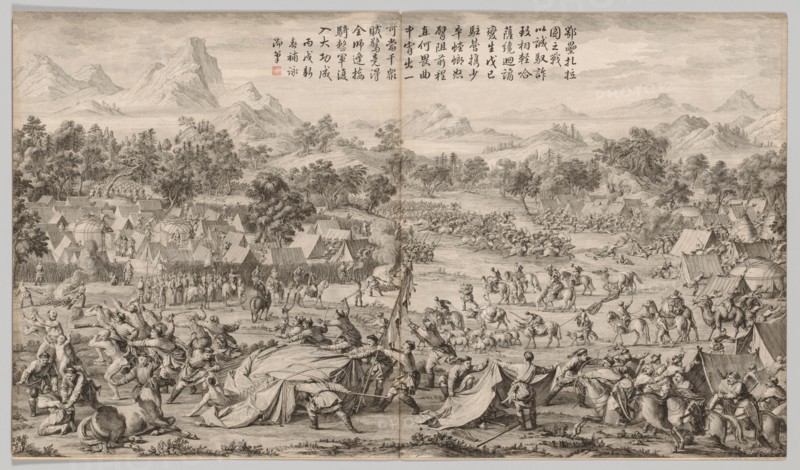 The Battle at Elei Zhalatu: from Battle Scenes of the Quelling of Rebellions...c. 1765-1774. Creator: Unknown.