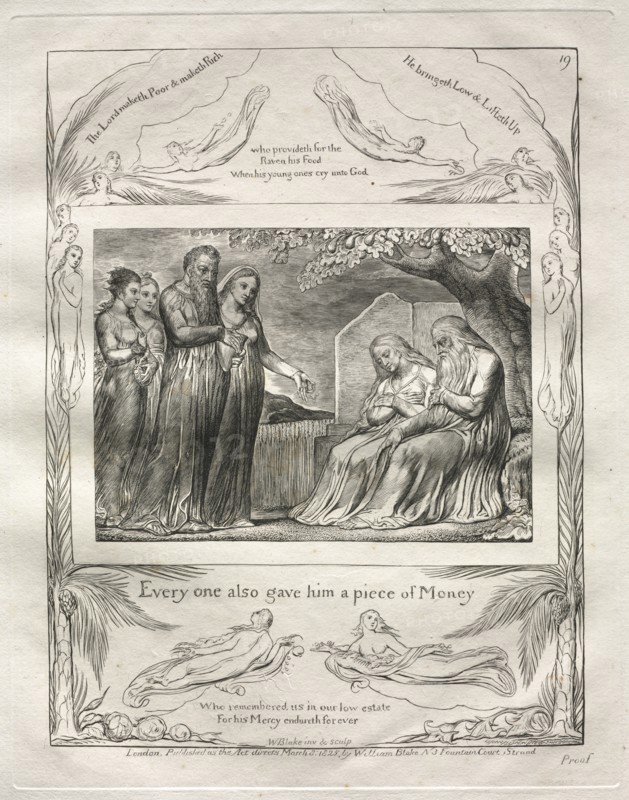The Book of Job: Pl. 19, Every one also gave him a piece of Money, 1825. Creator: William Blake (British, 1757-1827).