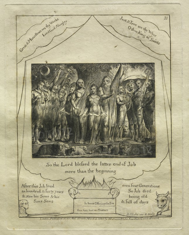 The Book of Job: Pl. 21, So the Lord blessed the latter end of Job / more than the beginning, 1825. Creator: William Blake (British, 1757-1827).