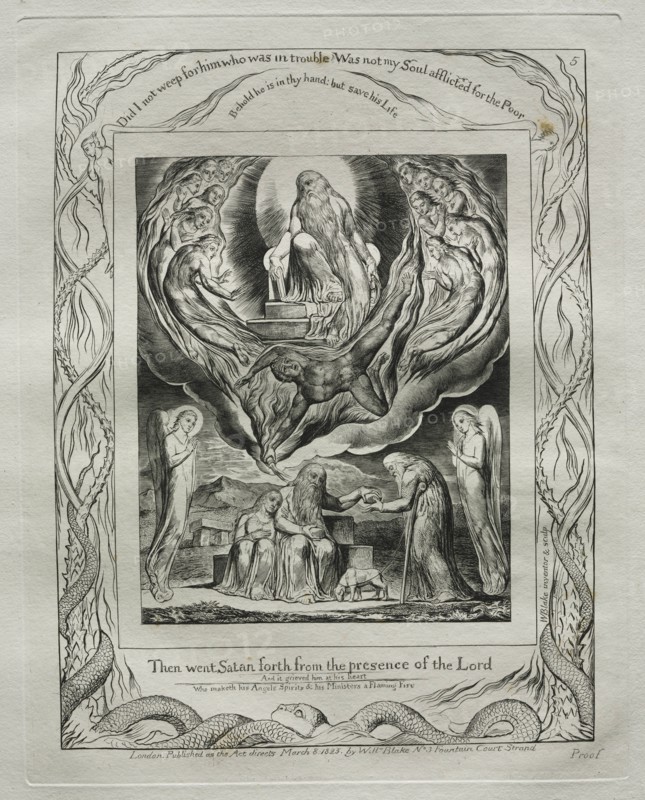 The Book of Job: Pl. 5, Then went Satan forth from the presence of the Lord, 1825. Creator: William Blake (British, 1757-1827).