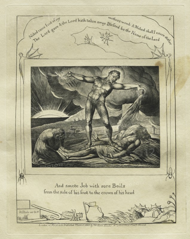 The Book of Job: Pl. 6, And smote Job with sore Boils / from the sole of his foot to the crown..., 1 Creator: William Blake (British, 1757-1827).