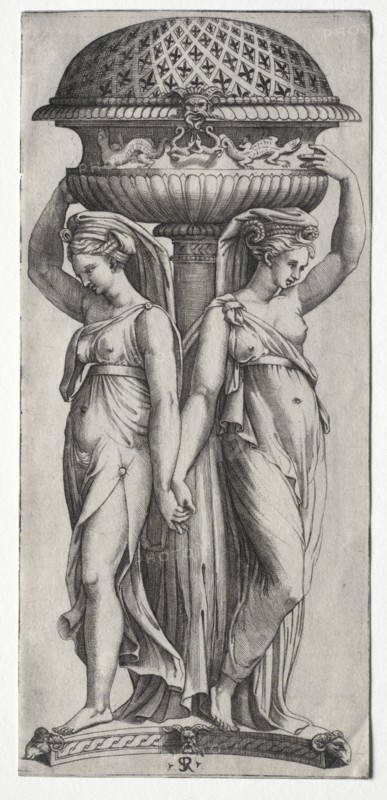 The Cassollette: Women Supporting an Urn, c. 1520-27. Creator: Marco Dente (Italian, c. 1486-1527).