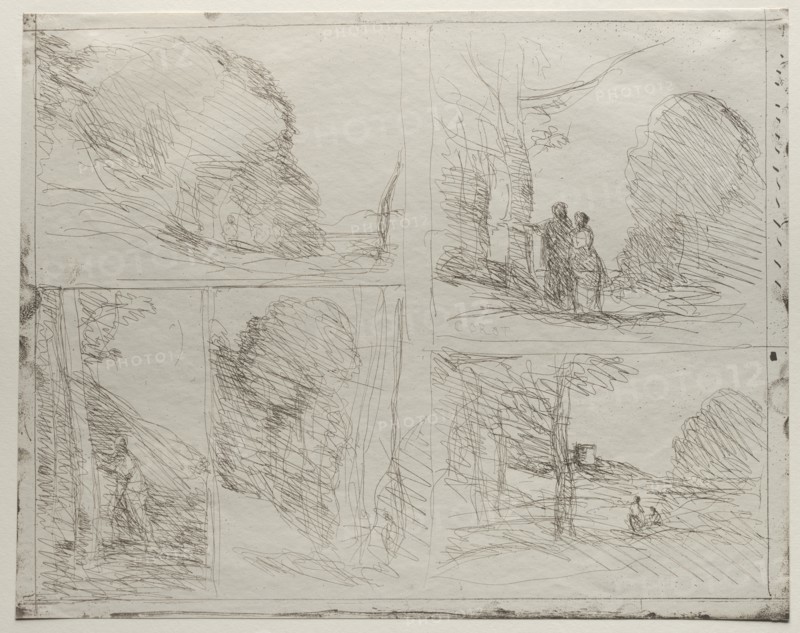 The Garden of Pericles; The Painter's Lane; Scrawl; The Large Woodcutter?, printed in 1921. Creator: Jean Baptiste Camille Corot (French, 1796-1875).