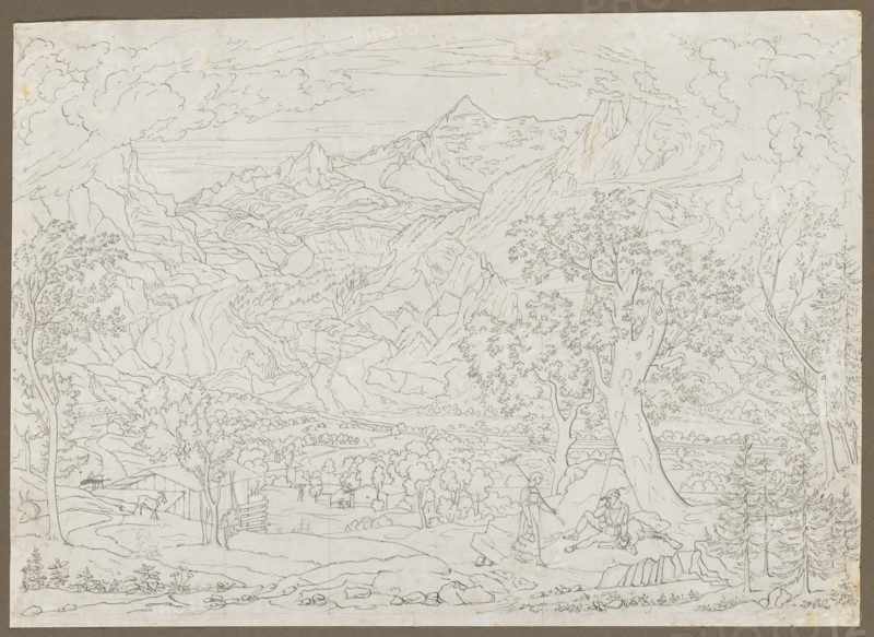 The Grindelwald Glacier with Hunter and Peasant Girl in Foreground, ca. 1823. Creator: Joseph Anton Koch (Austrian, 1768-1839).