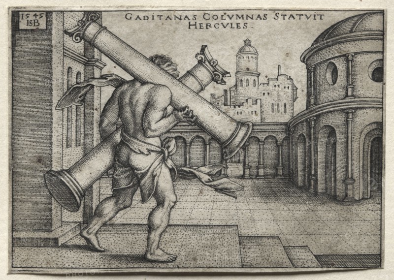The Labors of Hercules: Hercules Carrying the Columns of Gades, 1545. Creator: Hans Sebald Beham (German, 1500-1550).