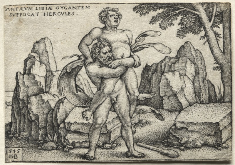 The Labors of Hercules: Hercules Crushing Antaeus, 1545. Creator: Hans Sebald Beham (German, 1500-1550).