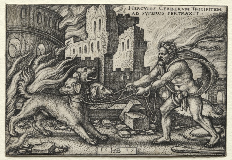 The Labors of Hercules: Hercules Dragging Cerberus from the Underworld, 1545. Creator: Hans Sebald Beham (German, 1500-1550).