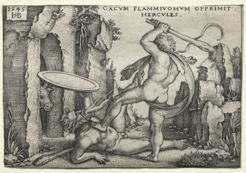 The Labors of Hercules: Hercules Killing the Giant Cacus, 1545. Creator: Hans Sebald Beham (German, 1500-1550).