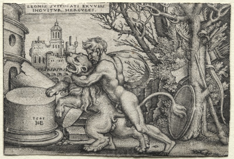 The Labors of Hercules: Hercules Strangling the Nemean Lion, 1548. Creator: Hans Sebald Beham (German, 1500-1550).