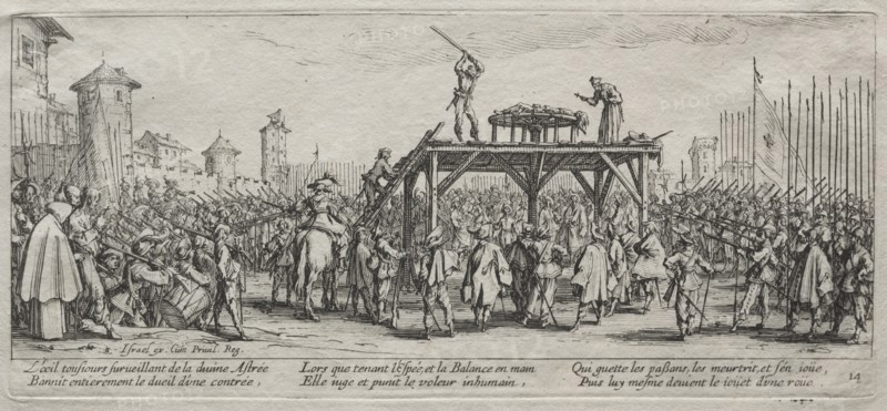 The Large Miseries of War: Execution on the Wheel, 1633. Creator: Jacques Callot (French, 1592-1635).