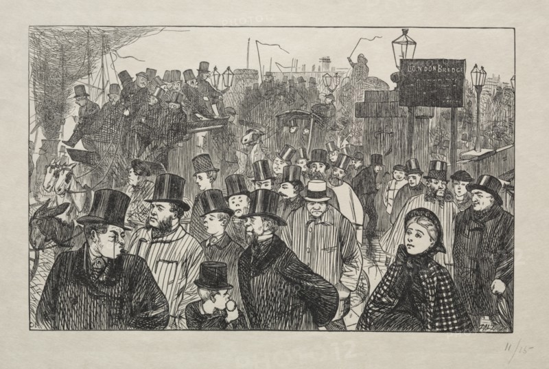 The Living Stream at London Bridge - On the Bridge, 1863. Creator: George Louis Palmella Busson Du Maurier (British, 1834-1896).