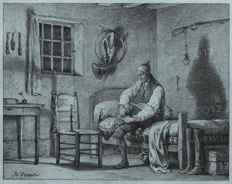 The Man-Servant of Limier Rising from Bed, c. 1818. Creator: Horace Vernet (French, 1789-1863).
