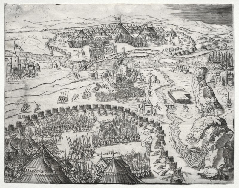 The Position and Camp of the Armies of Charles V and Soliman II, 1532. Creator: Agostino Musi (Italian, 1490-1540).