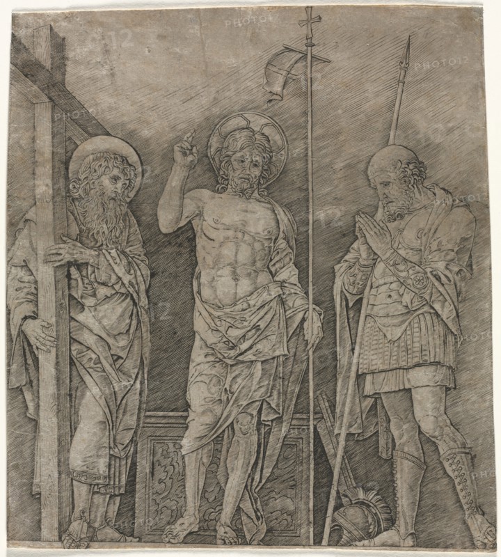 The Risen Christ between St Andrew and Longinus, early 1470's. Creator: Andrea Mantegna (Italian, 1431-1506).