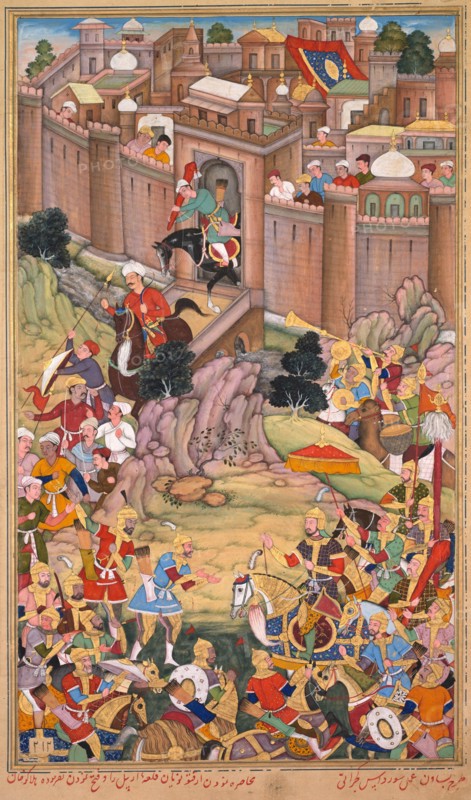 The siege of Arbela in the era of Hulagu Khan, from a Chingiz-nama..., c. 1596. Creator: Basavana (Indian, active c. 1560-1600); Sur Das Gujarati (Indian, active 16th century).