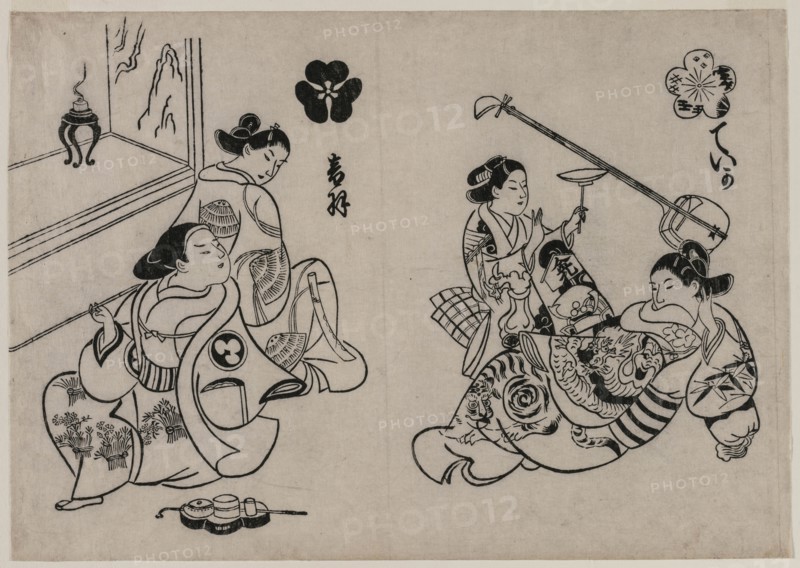 Three Courtesans with a Client. Creator: Okumura Masanobu (Japanese, 1686-1764).